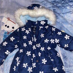 Floral Navy Puffer Jacket with Faux Fur Hood